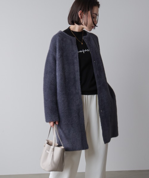 Bou Jeloud（ブージュルード）の「シャギーニットコーディガン（ノーカラーコート・レディース・グレー/チャコールグレー・FREE）」の2枚目の写真