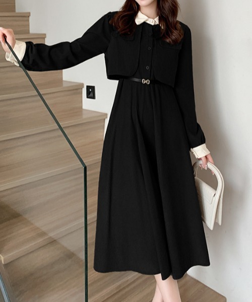 ケープデザインコーヂュロイ配色ワンピース（ワンピース）｜Diosfront