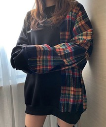 チェック切り替えスウェットトップス