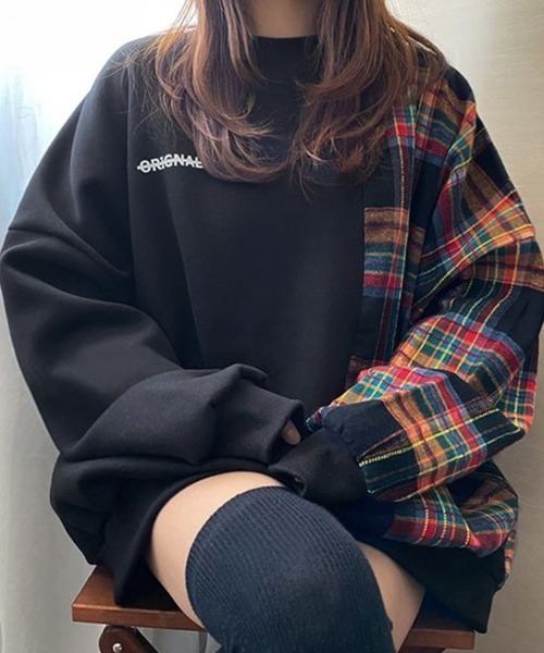ReRe(リリ)の「チェック切り替えスウェットトップス(スウェット・レディース・グレー/ブラック・FREE)」の11枚目の写真