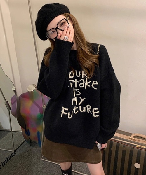 FUNdaysion(ファンデイション)の「メッセージロゴニットトップス(ニット/セーター・レディース・ブラック/グレー・M)」の2枚目の写真