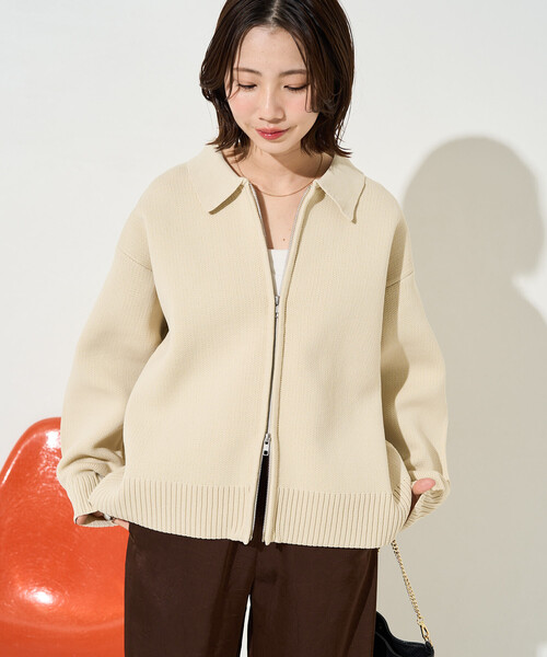 セール】限定展開 軽量 ニット 襟付き ダブル ジップ カーディガン