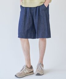 リネンデニムワイドツーピンタックバミューダパンツダークブルー