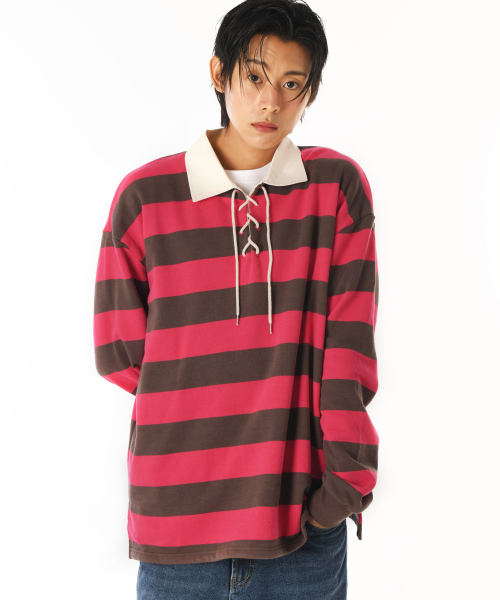 LACE UP STRIPE RUGBY TEE (PINK) — рубашка регби с шнуровкой, розовая