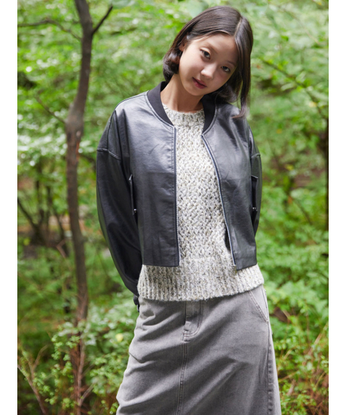 AYIHOLIC CASHMERE(アイホリックカシミア)の「フェイクレザー クロップ ラウンドネック ジャンパー(ライダースジャケット・レディース・グレー・SMALL/MEDIUM)」の3枚目の写真
