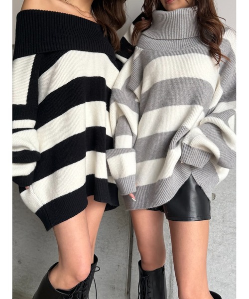 EGOIST（エゴイスト）の「2WAYボーダーニットトップス（ニット/セーター・レディース・グレー/ブラック/パープル・FREE）」の5枚目の写真