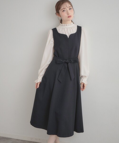 couture brooch（クチュールブローチ）の「【洗える・ハレの日・通勤】ハートネック フレアージャンスカ（ワンピース・レディース・ライトブルー/ベージュ/ネイビー・36/38/40/42）」の3枚目の写真