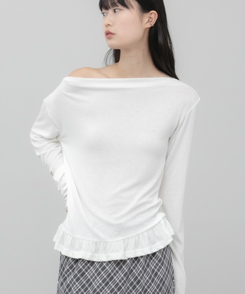 HEILIS(ヘイリス)の「ペプラムオフショルダートップス / フリル 肌見せ 抜け感 カットソー トップス 長袖 ホワイト アイボリー ブラック グレー 韓国 シンプル 無地 長袖 春服 秋服 夏服 オーバーサイズ 冷房対策 紫外線対策(Tシャツ/カットソー・レディース・グレー/ホワイト/ブラック・FREE)」の22枚目の写真