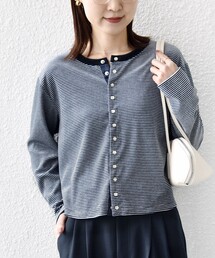 SHIPS | 〈手洗い可能〉ポリエステル ベロア ボーダー パール モチーフ ボタン カーディガン(カーディガン/ボレロ)
