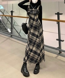 チェック柄サスペンダーワンピースベルト付