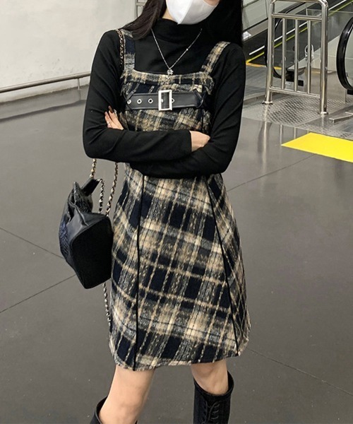 Miniministore(ミニミニストア)の「チェック柄サスペンダーワンピースベルト付(ジャンパースカート・レディース・ベージュ系2/ベージュ系1・L/M/S)」の20枚目の写真