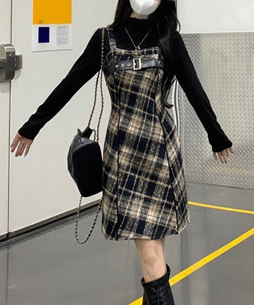 Miniministore(ミニミニストア)の「チェック柄サスペンダーワンピースベルト付(ジャンパースカート・レディース・ベージュ系2/ベージュ系1・L/M/S)」の21枚目の写真