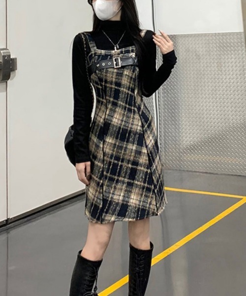Miniministore(ミニミニストア)の「チェック柄サスペンダーワンピースベルト付(ジャンパースカート・レディース・ベージュ系2/ベージュ系1・L/M/S)」の22枚目の写真