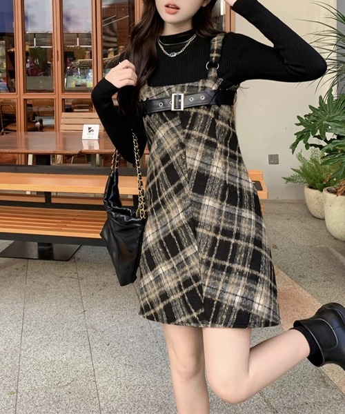 Miniministore(ミニミニストア)の「チェック柄サスペンダーワンピースベルト付(ジャンパースカート・レディース・ベージュ系2/ベージュ系1・L/M/S)」の6枚目の写真
