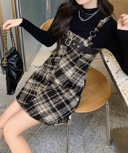 Miniministore(ミニミニストア)の「チェック柄サスペンダーワンピースベルト付(ジャンパースカート・レディース・ベージュ系2/ベージュ系1・L/M/S)」の7枚目の写真