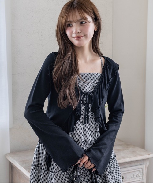 clear（クリア）の「フリルニットロングカーディガン[カジュアル 着回し抜群 大人 羽織り]（カーディガン/ボレロ・レディース・オフホワイト/グレー/ピンク/ブラック・F）」の3枚目の写真