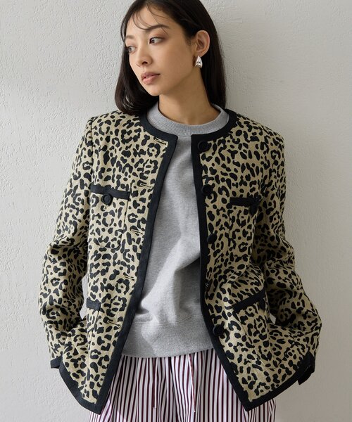 Whim Gazette（ウィムガゼット）の「リネンレオパードジャケット（ノーカラージャケット・レディース・ブラック・FREE）」の3枚目の写真