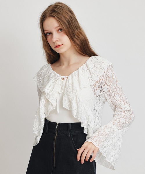 REDYAZEL（レディアゼル）の「レースフリルカラーショートカーディガン（カーディガン/ボレロ・レディース・ホワイト/ブラック/イエロー/ミント・FREE）」の2枚目の写真