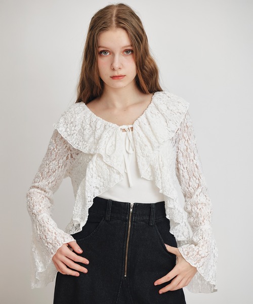 REDYAZEL（レディアゼル）の「レースフリルカラーショートカーディガン（カーディガン/ボレロ・レディース・ホワイト/ブラック/イエロー/ミント・FREE）」の5枚目の写真