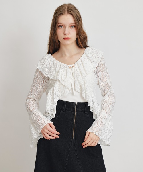 REDYAZEL（レディアゼル）の「レースフリルカラーショートカーディガン（カーディガン/ボレロ・レディース・ホワイト/ブラック/イエロー/ミント・FREE）」の6枚目の写真