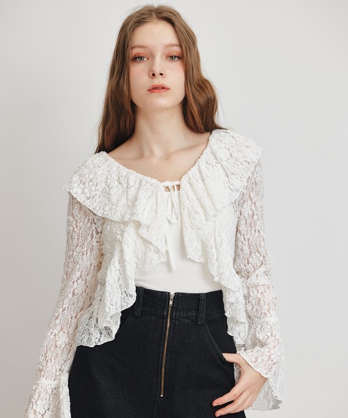 REDYAZEL（レディアゼル）の「レースフリルカラーショートカーディガン（カーディガン/ボレロ・レディース・ホワイト/ブラック/イエロー/ミント・FREE）」の8枚目の写真