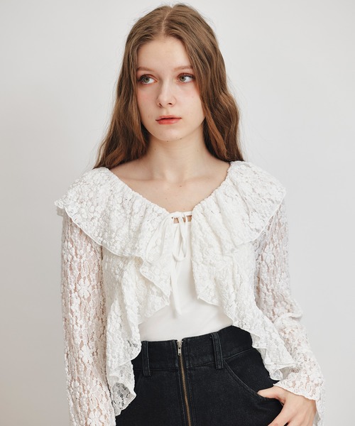 REDYAZEL（レディアゼル）の「レースフリルカラーショートカーディガン（カーディガン/ボレロ・レディース・ホワイト/ブラック/イエロー/ミント・FREE）」の10枚目の写真