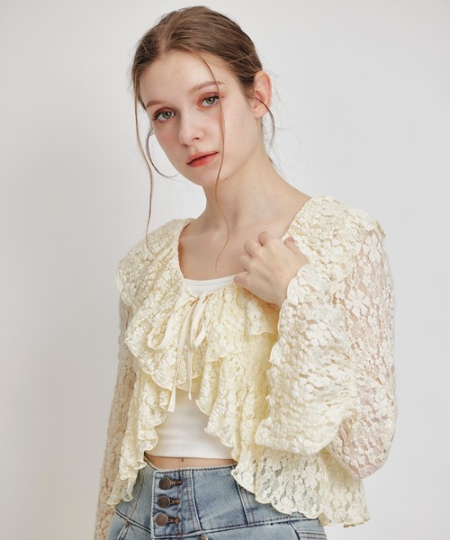 REDYAZEL（レディアゼル）の「レースフリルカラーショートカーディガン（カーディガン/ボレロ・レディース・ホワイト/ブラック/イエロー/ミント・FREE）」の18枚目の写真