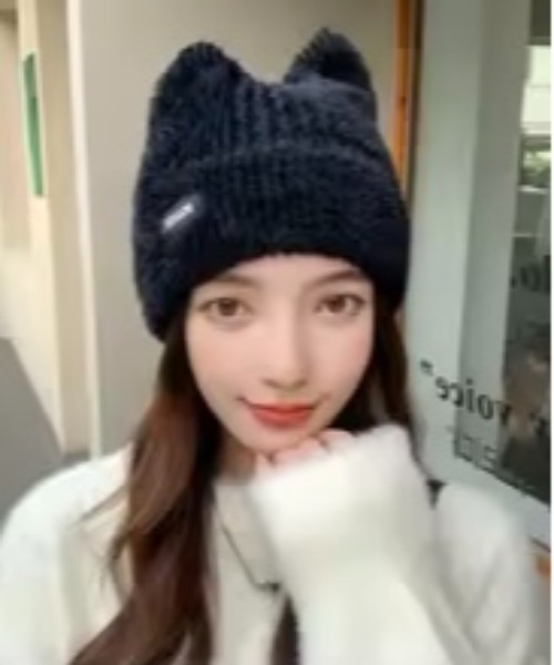 レディース 猫耳ニット帽 韓国 ビーニー(BDS)（ニットキャップ