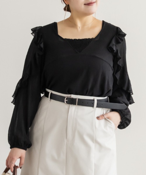 CLETTE(クレット)の「CLETTEオリジナルシアーラッフルフリルブラウス(シャツ/ブラウス・レディース・ブラック/アイボリー/ピンク・3L/LL/4L)」の1枚目の写真