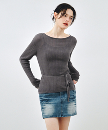 シースルーレースアップニットブラウスチャコールMDBL009CHARCOAL