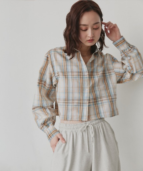 ad thie(アドティエ)の「ショート丈 チェックシャツ(シャツ/ブラウス・レディース・ブラウン/ピンク/オフホワイト/ライトブルー・FREE)」の10枚目の写真