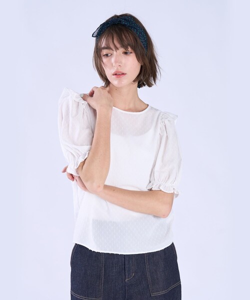 【美品】agnes b. リネン100% フリルブラウス 白 38 麻100% カット ドビー フリル ブラウス（シャツ/ブラウス）｜To b. by agnes b