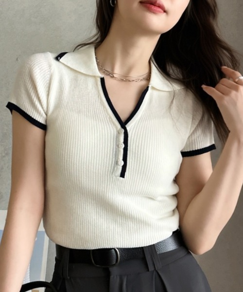Eclat one(エクラワン)の「【Eclat one】配色ライン ポロカラー スキッパー リブ ニット(ポロシャツ・レディース・ネイビー/ブラウン/アイボリー・FREE)」の2枚目の写真