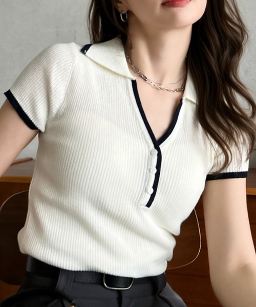 Eclat one(エクラワン)の「【Eclat one】配色ライン ポロカラー スキッパー リブ ニット(ポロシャツ・レディース・ネイビー/ブラウン/アイボリー・FREE)」の8枚目の写真