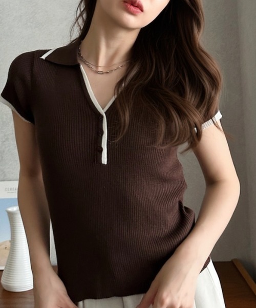 Eclat one(エクラワン)の「【Eclat one】配色ライン ポロカラー スキッパー リブ ニット(ポロシャツ・レディース・ネイビー/ブラウン/アイボリー・FREE)」の10枚目の写真