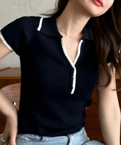 Eclat one(エクラワン)の「【Eclat one】配色ライン ポロカラー スキッパー リブ ニット(ポロシャツ・レディース・ネイビー/ブラウン/アイボリー・FREE)」の19枚目の写真