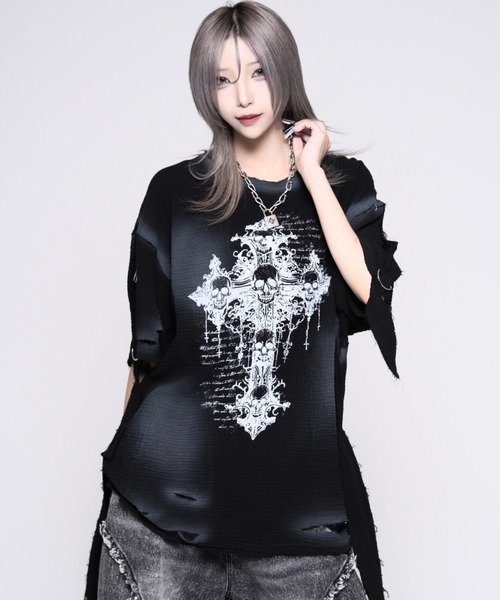 REFLEM(レフレム)の「『REFLEM/レフレム』ダブルガーゼダメージデザイントップス(Tシャツ/カットソー・レディース・ホワイト/ブラック・FREE)」の2枚目の写真