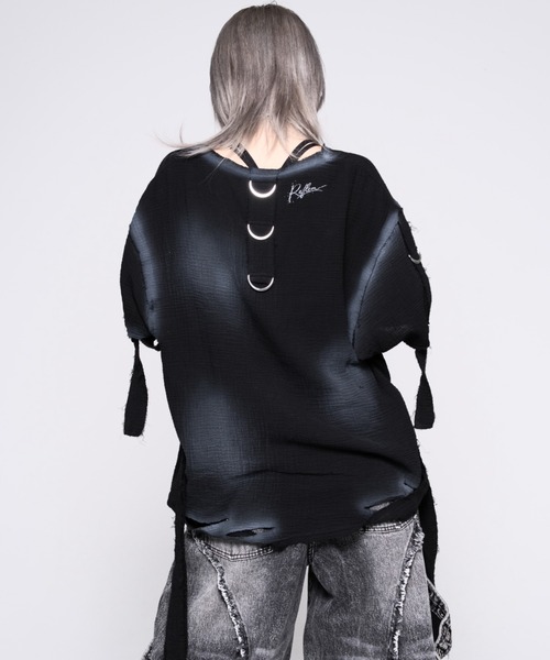 REFLEM(レフレム)の「『REFLEM/レフレム』ダブルガーゼダメージデザイントップス(Tシャツ/カットソー・レディース・ホワイト/ブラック・FREE)」の5枚目の写真