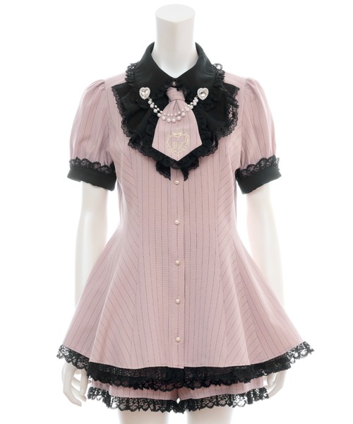 Secret Honey(シークレットハニー)の「ラッフルネクタイ半袖セットアップ(セットアップ・レディース・ブラック/ピンク/ストライプ・MEDIUM)」の15枚目の写真