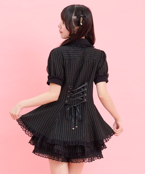 Secret Honey(シークレットハニー)の「ラッフルネクタイ半袖セットアップ(セットアップ・レディース・ブラック/ピンク/ストライプ・MEDIUM)」の10枚目の写真