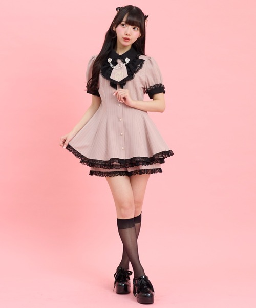 Secret Honey(シークレットハニー)の「ラッフルネクタイ半袖セットアップ(セットアップ・レディース・ブラック/ピンク/ストライプ・MEDIUM)」の7枚目の写真