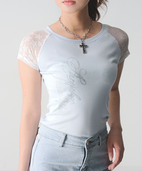 Diable baiser(ディアブルベーゼ)の「Y2K星レースラグランスリーブ切替ストーンロゴ 半袖Tシャツ(Tシャツ/カットソー・レディース・ブラック/サックスブルー・FREE)」の1枚目の写真