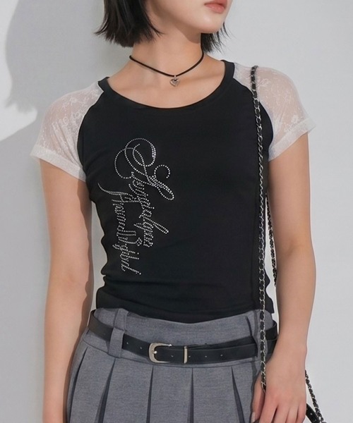 Diable baiser(ディアブルベーゼ)の「Y2K星レースラグランスリーブ切替ストーンロゴ 半袖Tシャツ(Tシャツ/カットソー・レディース・ブラック/サックスブルー・FREE)」の2枚目の写真