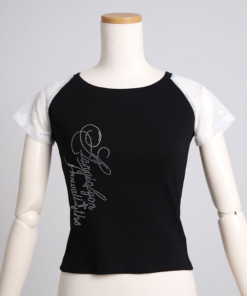 Diable baiser(ディアブルベーゼ)の「Y2K星レースラグランスリーブ切替ストーンロゴ 半袖Tシャツ(Tシャツ/カットソー・レディース・ブラック/サックスブルー・FREE)」の3枚目の写真