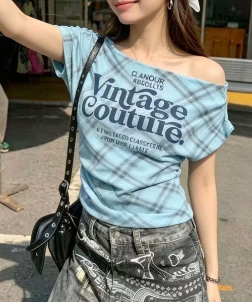 SHEENA(シーナ)の「チェック柄ワンショルトップス(Tシャツ/カットソー・レディース・ライトブルー/ピンク/ライトグリーン/ブラック/ホワイト・M)」の1枚目の写真