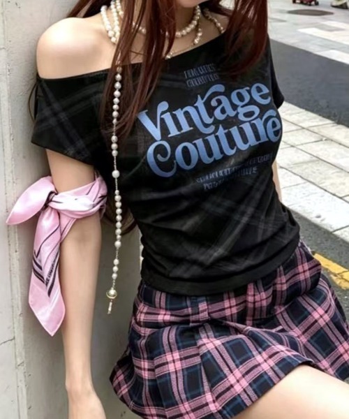 SHEENA(シーナ)の「チェック柄ワンショルトップス(Tシャツ/カットソー・レディース・ライトブルー/ピンク/ライトグリーン/ブラック/ホワイト・M)」の3枚目の写真