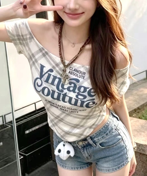 SHEENA(シーナ)の「チェック柄ワンショルトップス(Tシャツ/カットソー・レディース・ライトブルー/ピンク/ライトグリーン/ブラック/ホワイト・M)」の21枚目の写真