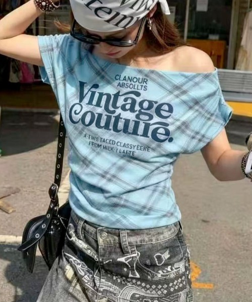 SHEENA(シーナ)の「チェック柄ワンショルトップス(Tシャツ/カットソー・レディース・ライトブルー/ピンク/ライトグリーン/ブラック/ホワイト・M)」の15枚目の写真
