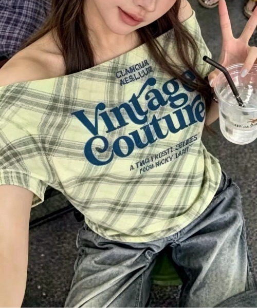 SHEENA(シーナ)の「チェック柄ワンショルトップス(Tシャツ/カットソー・レディース・ライトブルー/ピンク/ライトグリーン/ブラック/ホワイト・M)」の17枚目の写真