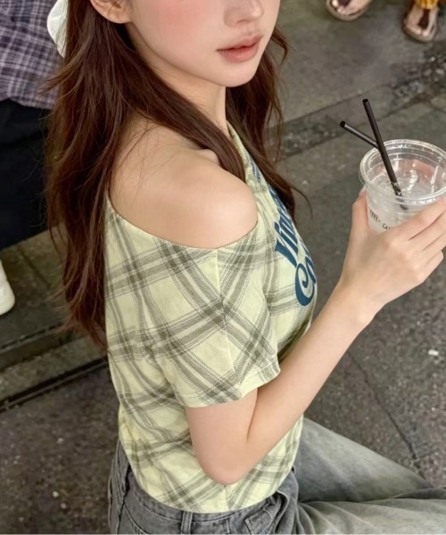 SHEENA(シーナ)の「チェック柄ワンショルトップス(Tシャツ/カットソー・レディース・ライトブルー/ピンク/ライトグリーン/ブラック/ホワイト・M)」の8枚目の写真